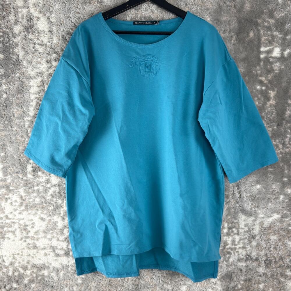 Gudrun Sjoden Sz M Minimalist Organic Cotton Tunic Top Blue 3/4 Sleeve Pullover